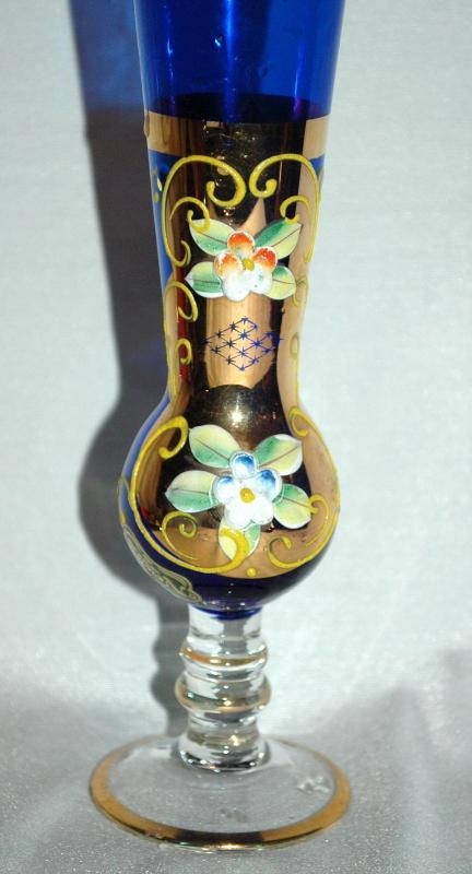 Cobalt Blue Clear Footed Bud Vase Hand Painted with Gold Leaf and Enameled Flower by Norcrest