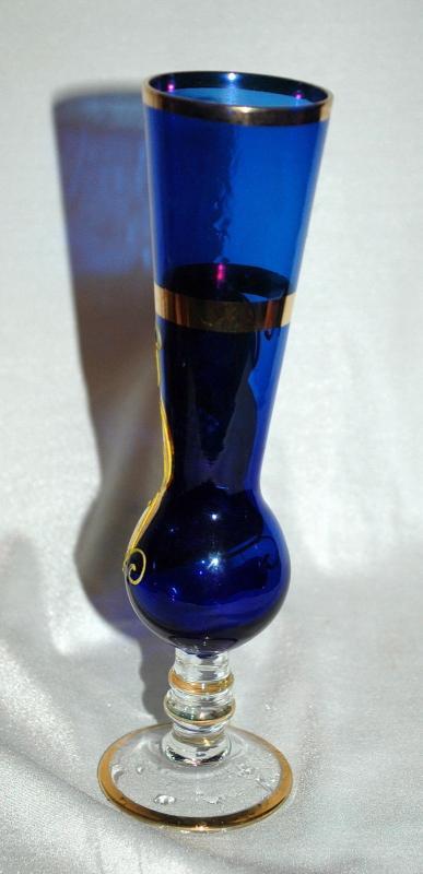 Cobalt Blue Clear Footed Bud Vase Hand Painted with Gold Leaf and Enameled Flower by Norcrest