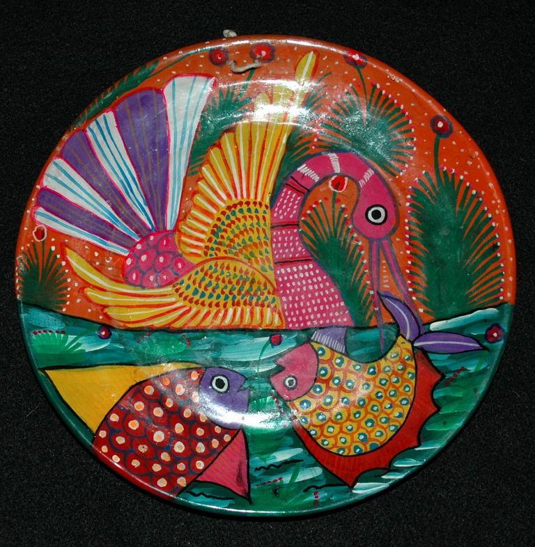 Mexican Talavera Pottery Plate with Hand Painted Swan Fish Design -Story Plate