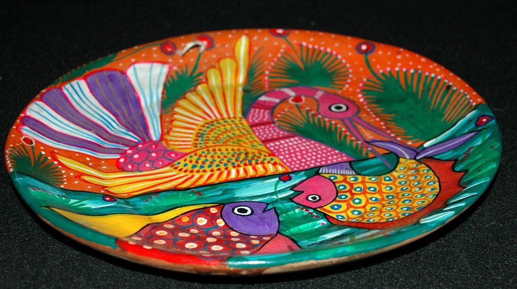 Mexican Talavera Pottery Plate with Hand Painted Swan Fish Design -Story Plate
