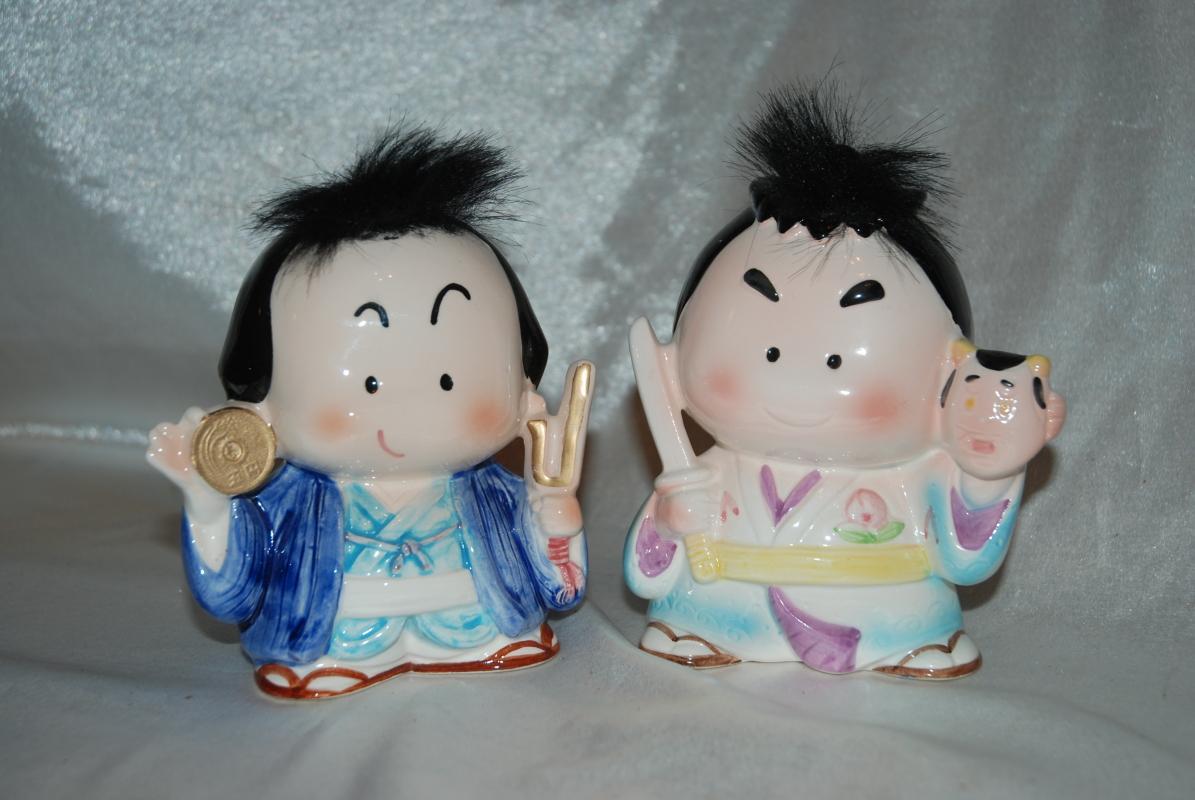 2 Novelty Ceramic Karate Coin Banks -Japan- Rare