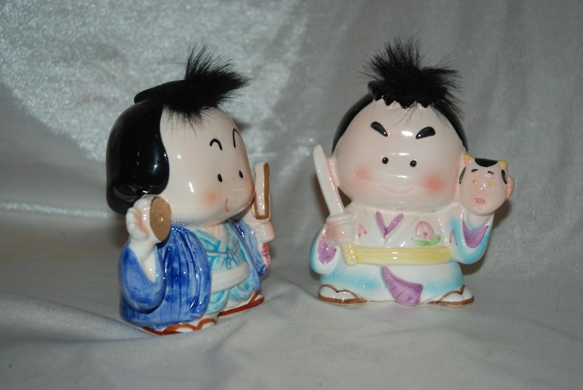 2 Novelty Ceramic Karate Coin Banks -Japan- Rare