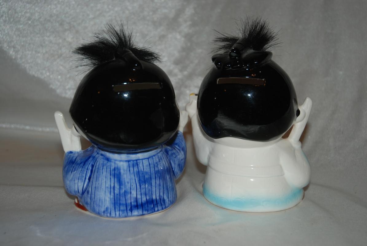 2 Novelty Ceramic Karate Coin Banks -Japan- Rare