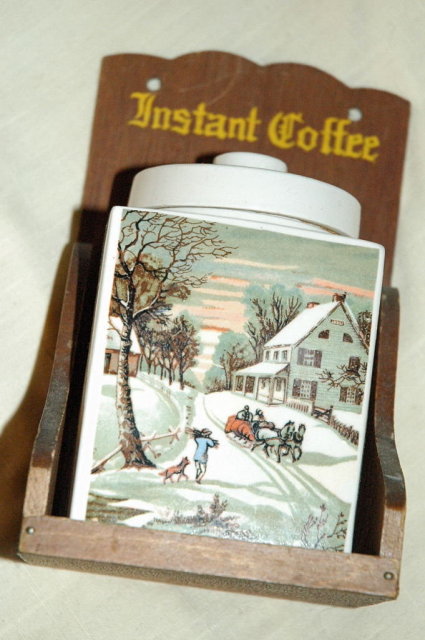 Instant coffee shelf with Currier & Ives Transfer on Porc. Jar
