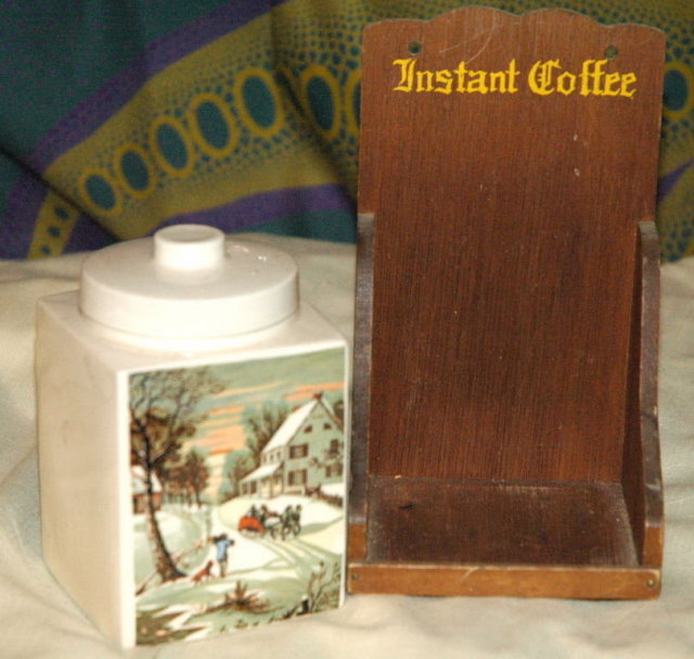 Instant coffee shelf with Currier & Ives Transfer on Porc. Jar