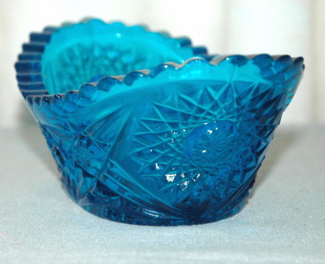 Blue Pressed Glass Bowl with Serrated edge