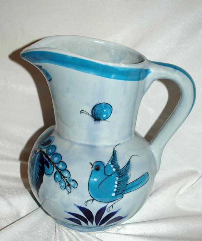 Large Jalisco TONALA MEXICO POTTERY SIGNED BLUE BIRD PITCHER BUTTERFLY FLOWERS
