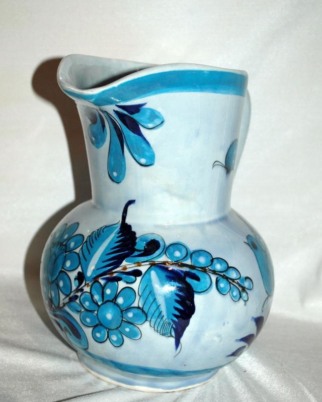 Large Jalisco TONALA MEXICO POTTERY SIGNED BLUE BIRD PITCHER BUTTERFLY FLOWERS