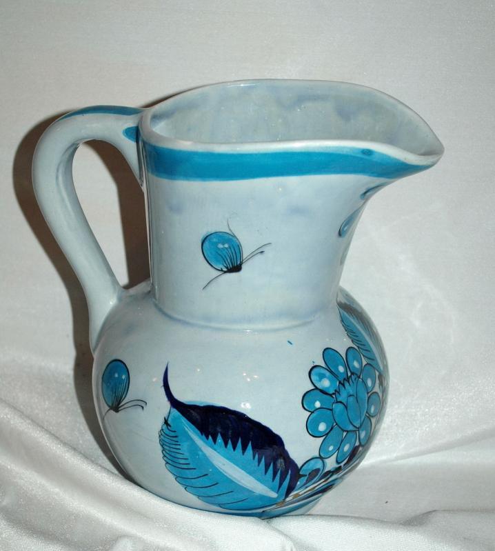 Large Jalisco TONALA MEXICO POTTERY SIGNED BLUE BIRD PITCHER BUTTERFLY FLOWERS
