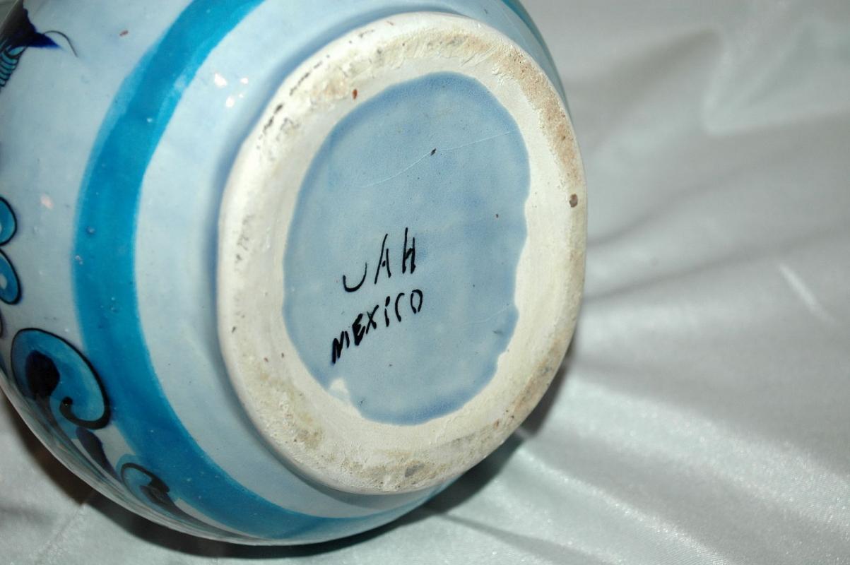 Large Jalisco TONALA MEXICO POTTERY SIGNED BLUE BIRD PITCHER BUTTERFLY FLOWERS