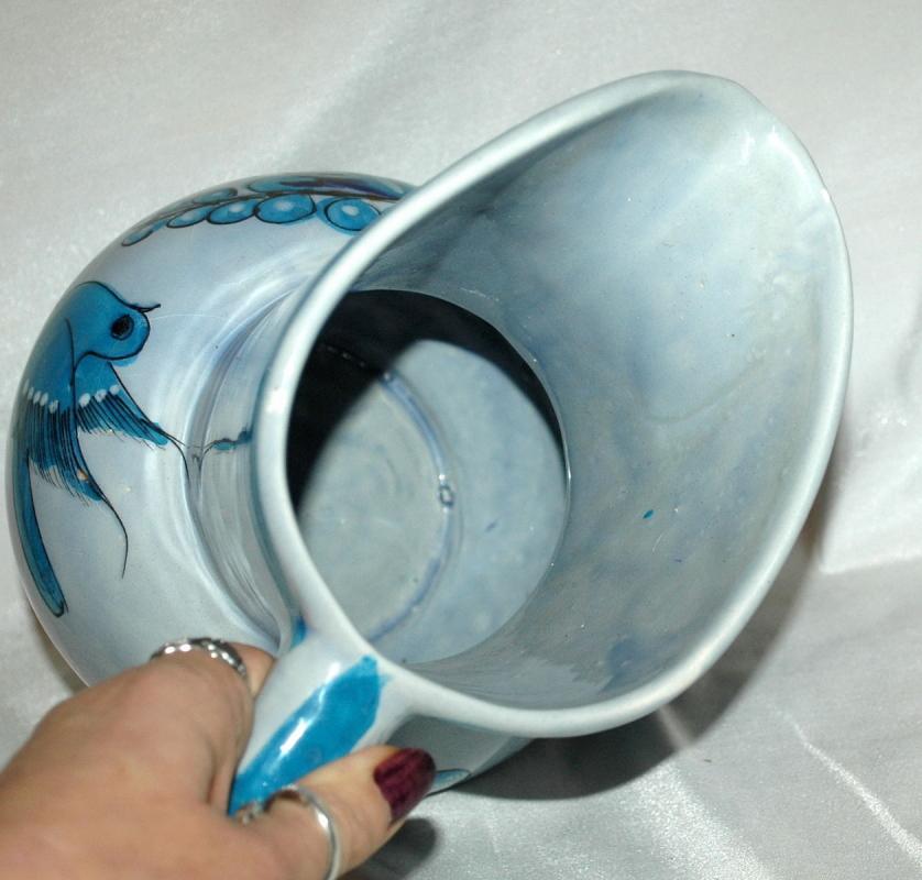 Large Jalisco TONALA MEXICO POTTERY SIGNED BLUE BIRD PITCHER BUTTERFLY FLOWERS