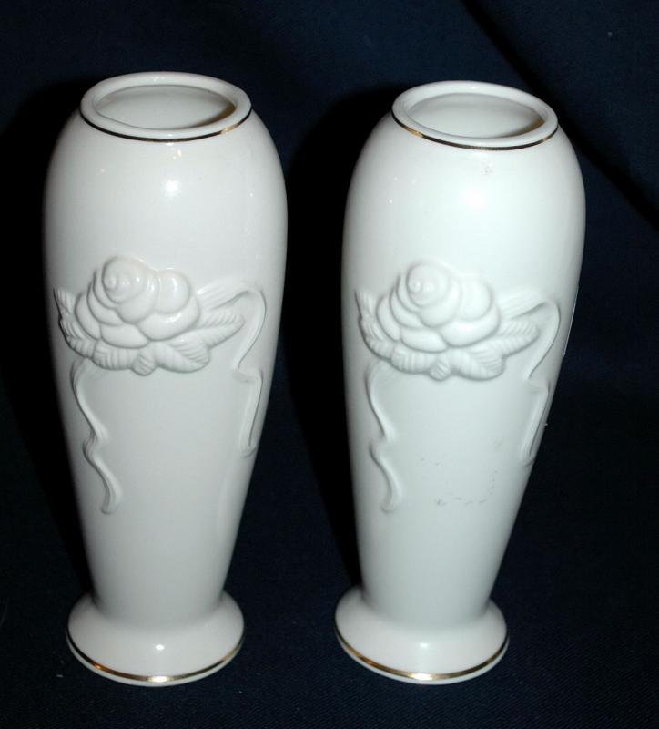 Matching Pair of Ivory Lenox Porcelain Rose Blossom Vases with 24K trim