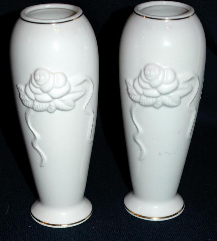 Matching Pair of Ivory Lenox Porcelain Rose Blossom Vases with 24K trim