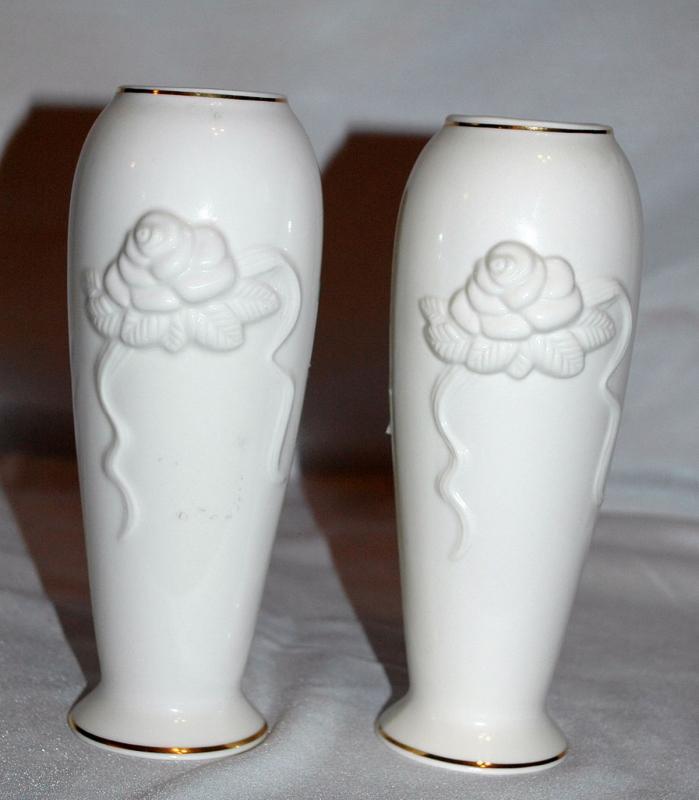 Matching Pair of Ivory Lenox Porcelain Rose Blossom Vases with 24K trim