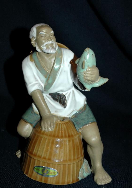 VINTAGE Chinese Fisherman MUDMAN CLAY SCULPTURE Shekwan Ceramics