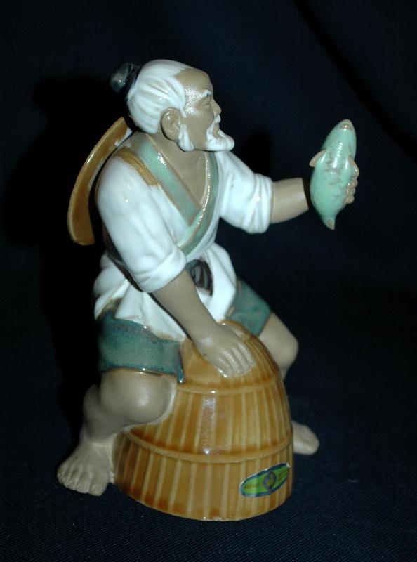 VINTAGE Chinese Fisherman MUDMAN CLAY SCULPTURE Shekwan Ceramics