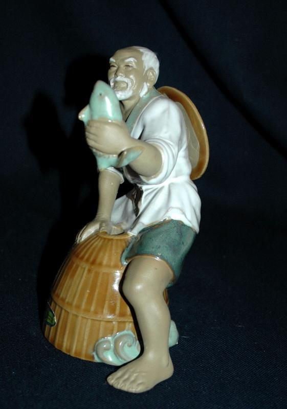 VINTAGE Chinese Fisherman MUDMAN CLAY SCULPTURE Shekwan Ceramics