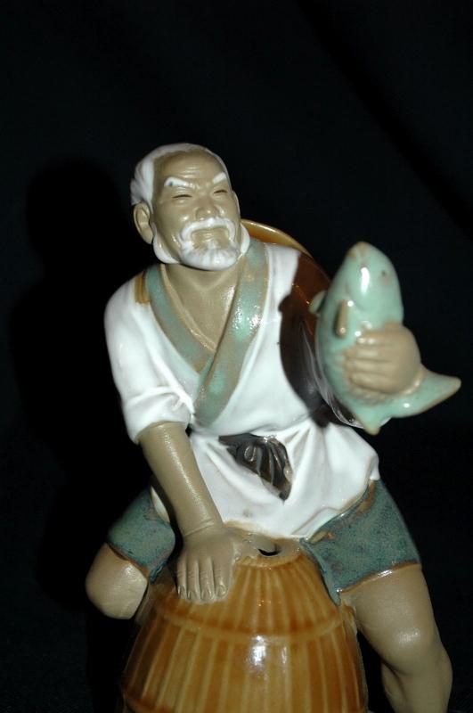 VINTAGE Chinese Fisherman MUDMAN CLAY SCULPTURE Shekwan Ceramics