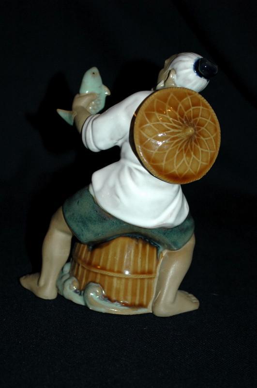 VINTAGE Chinese Fisherman MUDMAN CLAY SCULPTURE Shekwan Ceramics
