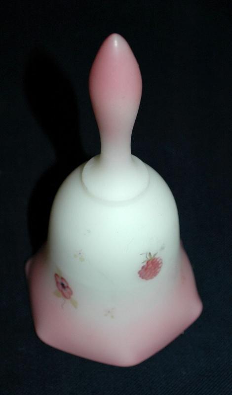 Raspberry Burmese Satin Glass Dinner Bell by Fenton, Hand Painted and Signed