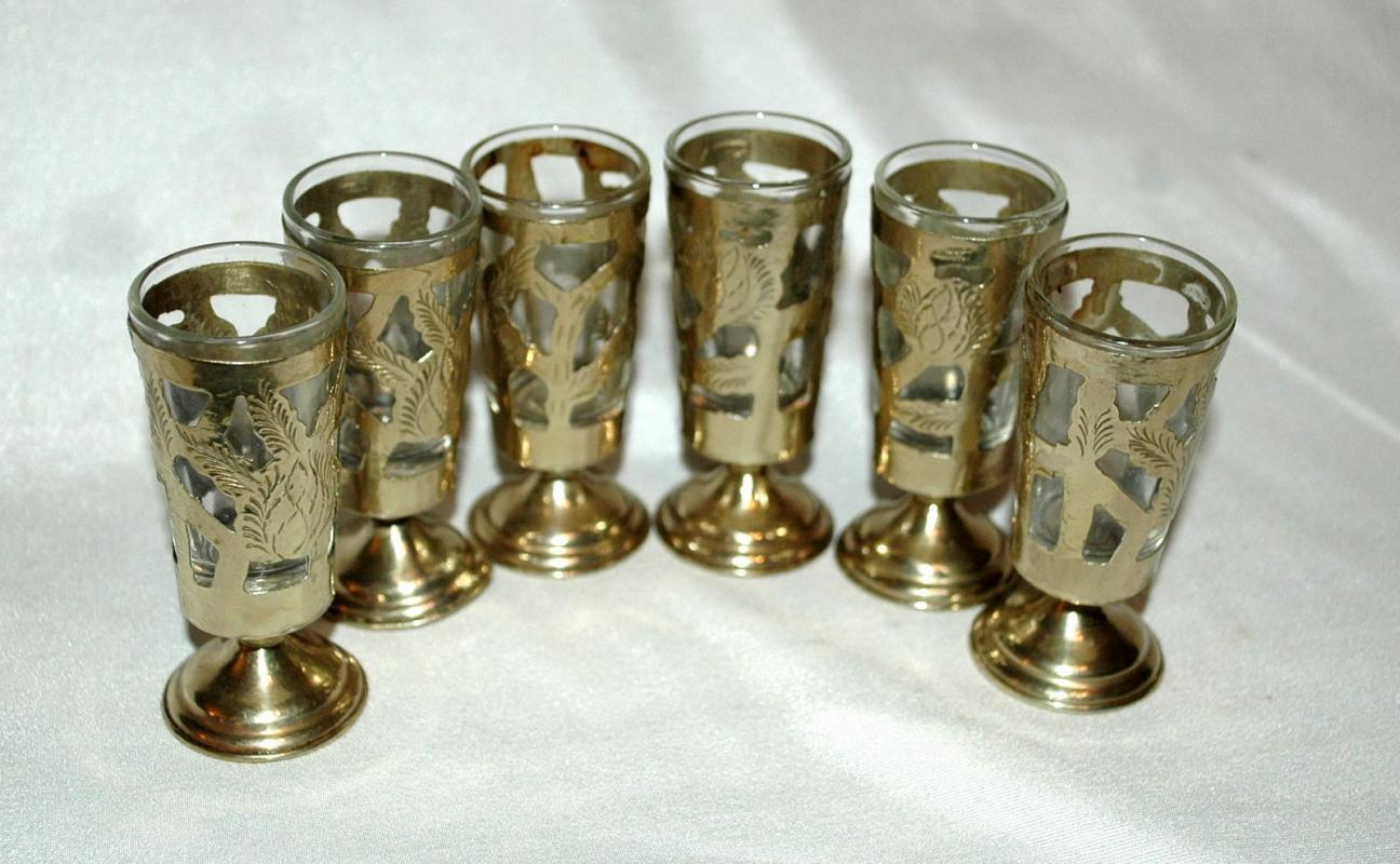 6 Fancy Mexican Silver over Glass Cordials or Footed Shot Glasses
