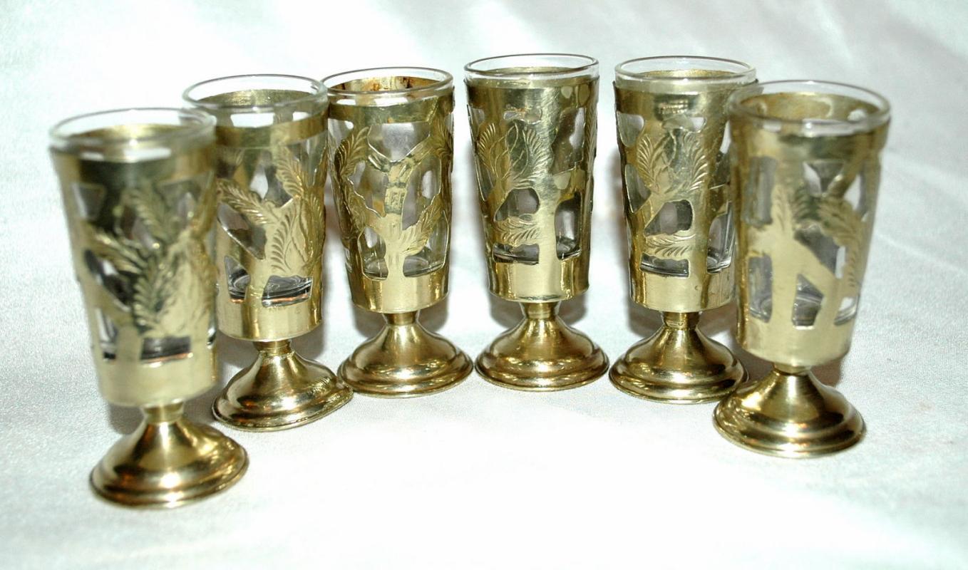 6 Fancy Mexican Silver over Glass Cordials or Footed Shot Glasses