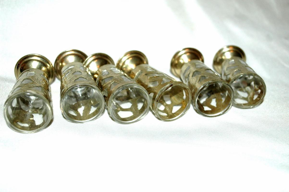 6 Fancy Mexican Silver over Glass Cordials or Footed Shot Glasses