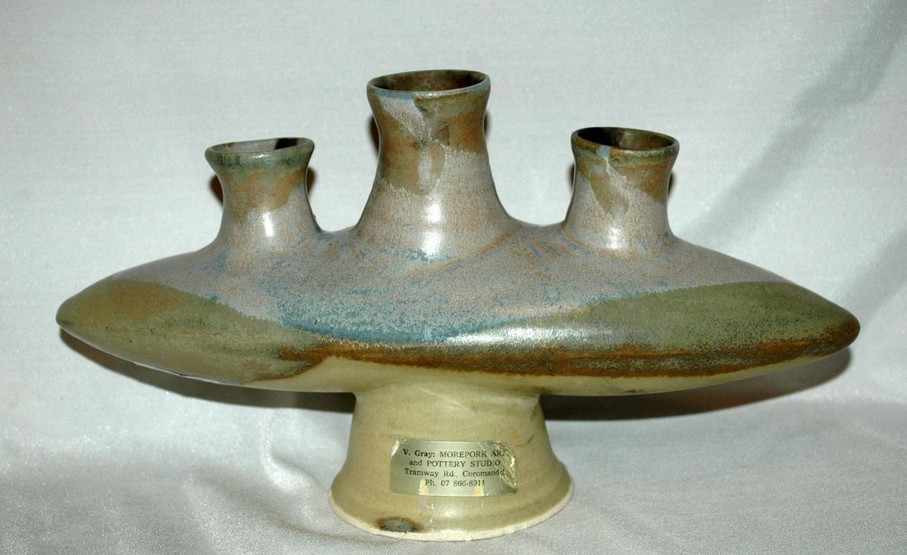 3 Neck Modernist Art Pottery Vase, V. Gray Morepork Art Studios of Coromandel New Zealand