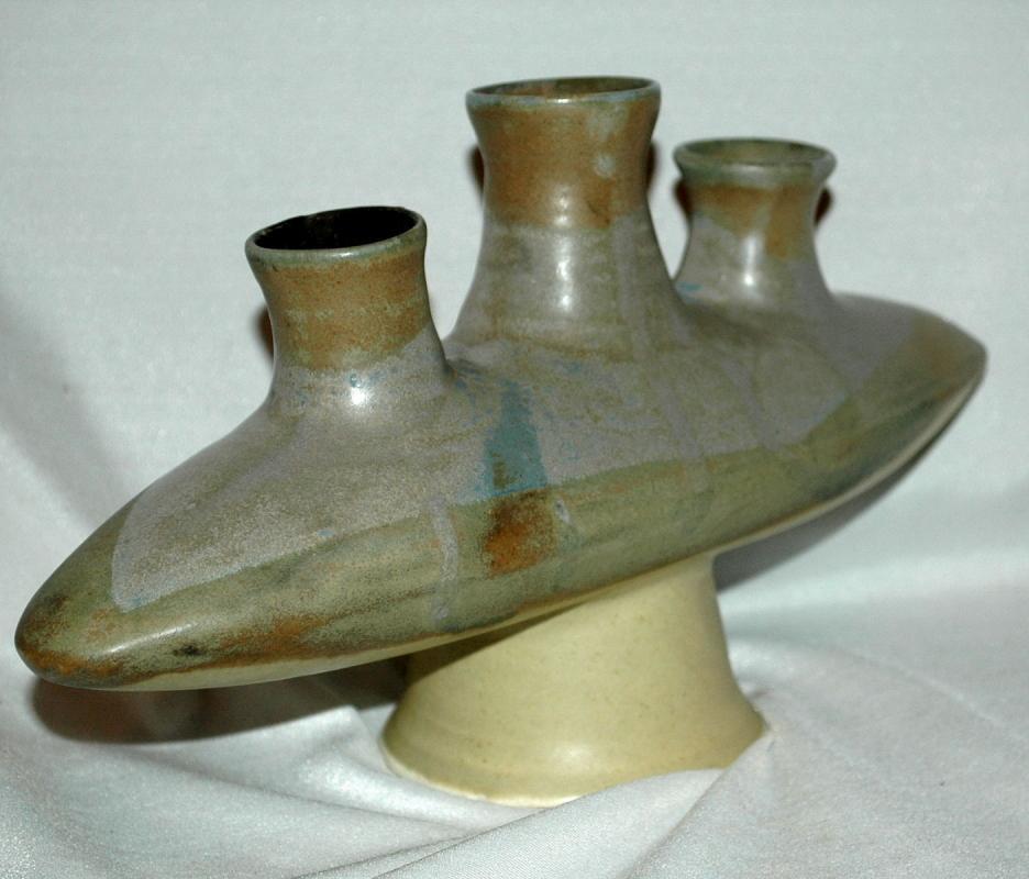 3 Neck Modernist Art Pottery Vase, V. Gray Morepork Art Studios of Coromandel New Zealand