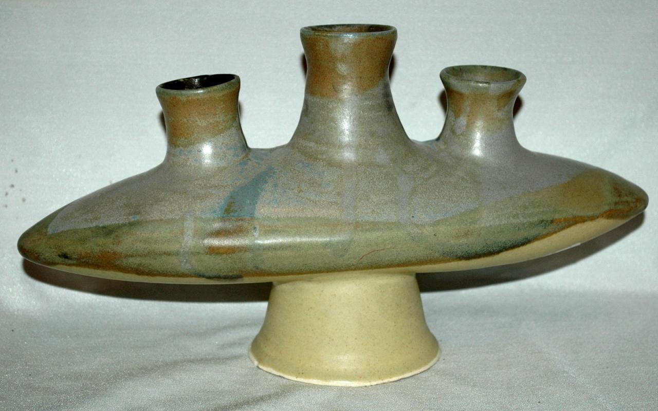 3 Neck Modernist Art Pottery Vase, V. Gray Morepork Art Studios of Coromandel New Zealand