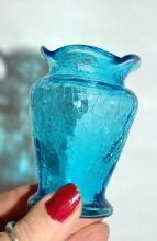 Miniature Blue Crackle Glass Hand Blown Ruffle Vase 3