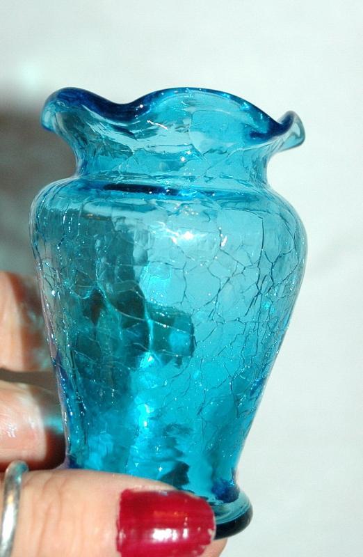 Miniature Blue Crackle Glass Hand Blown Ruffle Vase 3
