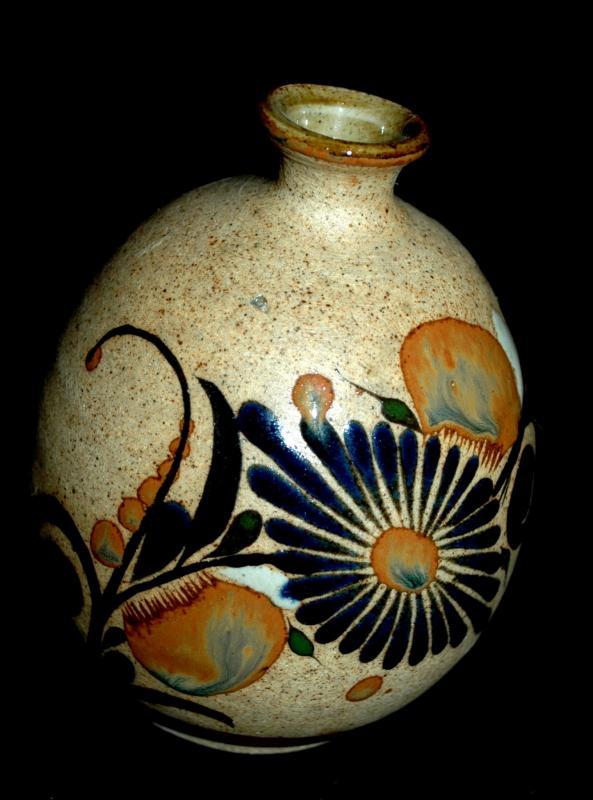 Folk Art Tonala Stoneware with Enameled Flowers Bud Vase