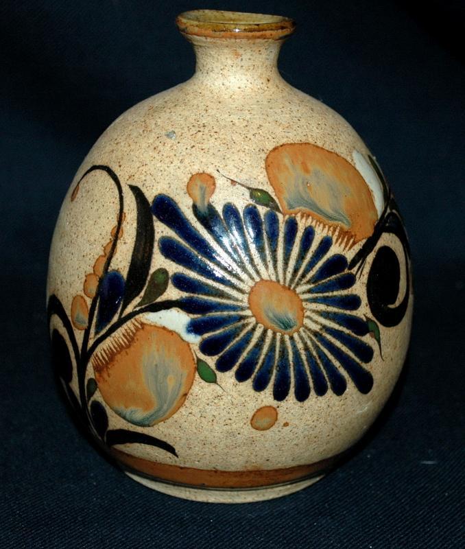 Folk Art Tonala Stoneware with Enameled Flowers Bud Vase