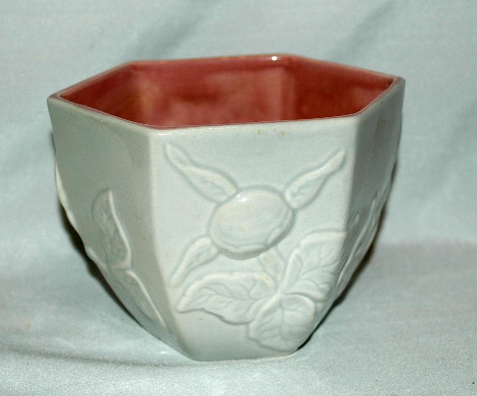 Red Wing Pottery Grey Pink Planter Hexagonal with Flower and leaves