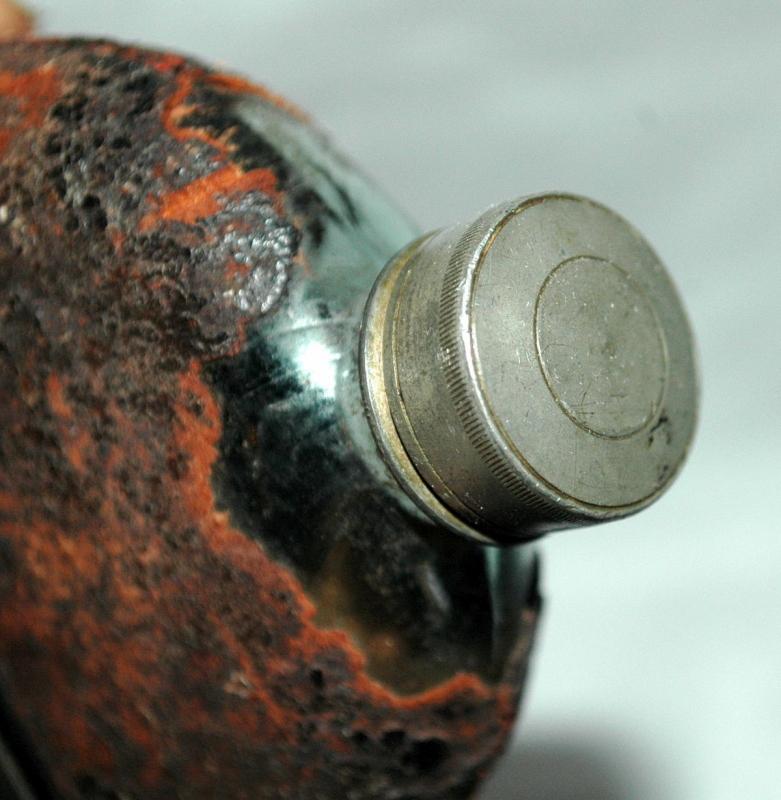 Antique silver, leather & glass hip flask
