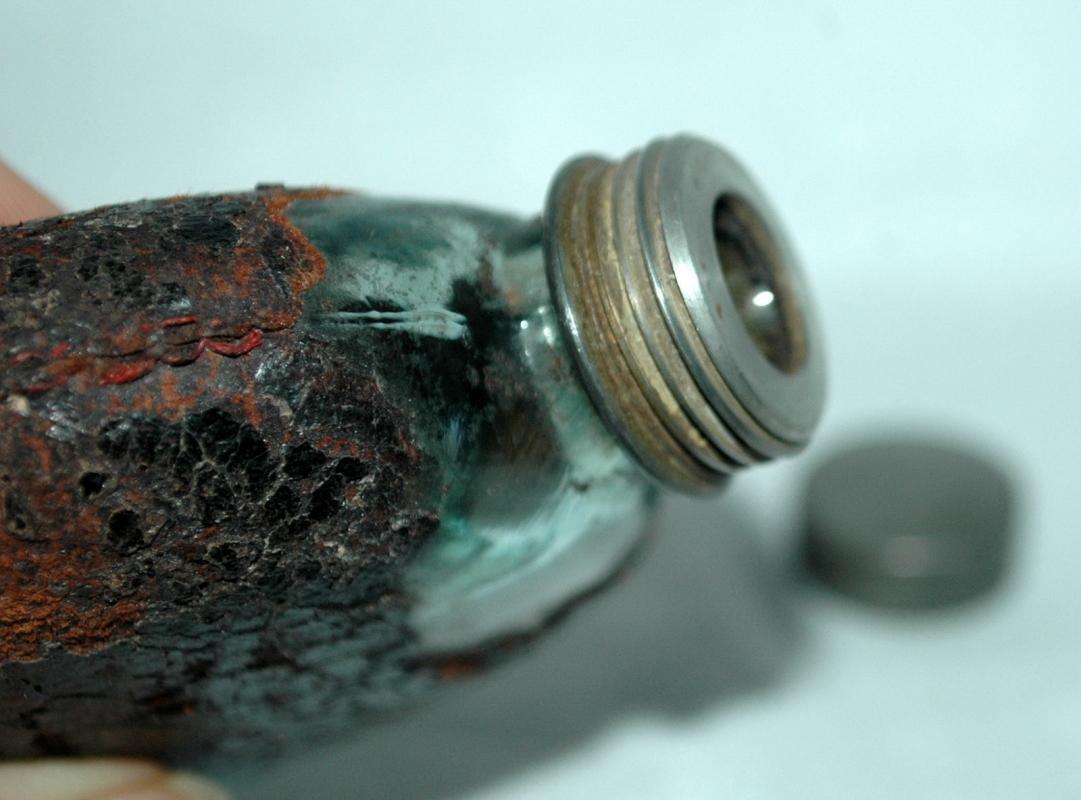 Antique silver, leather & glass hip flask