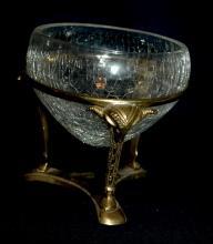 Crackle Glass Bowl Vase Ram Head Solid Brass 3 Columns Stand