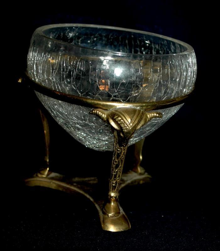 Crackle Glass Bowl Vase Ram Head Solid Brass 3 Columns Stand