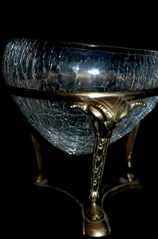 Crackle Glass Bowl Vase Ram Head Solid Brass 3 Columns Stand