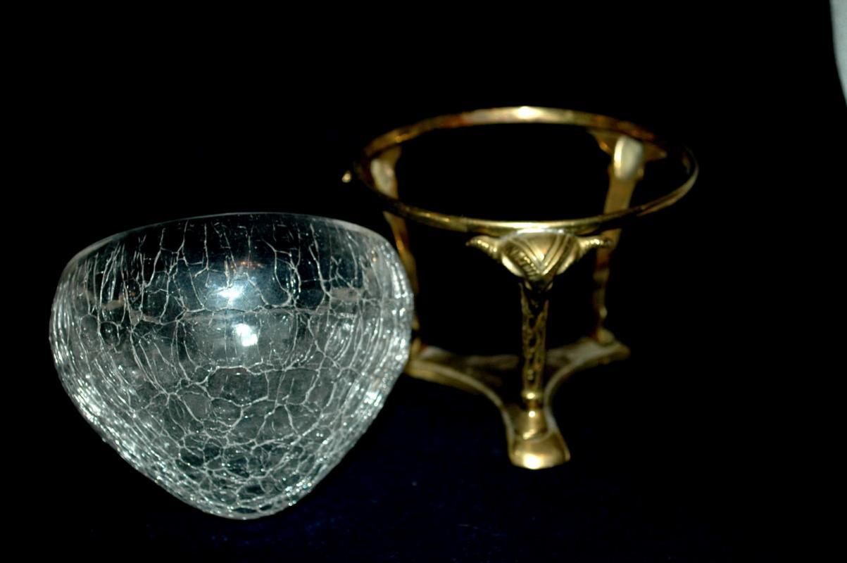 Crackle Glass Bowl Vase Ram Head Solid Brass 3 Columns Stand