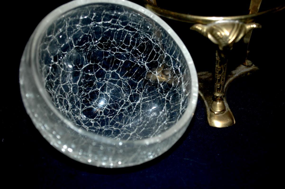 Crackle Glass Bowl Vase Ram Head Solid Brass 3 Columns Stand