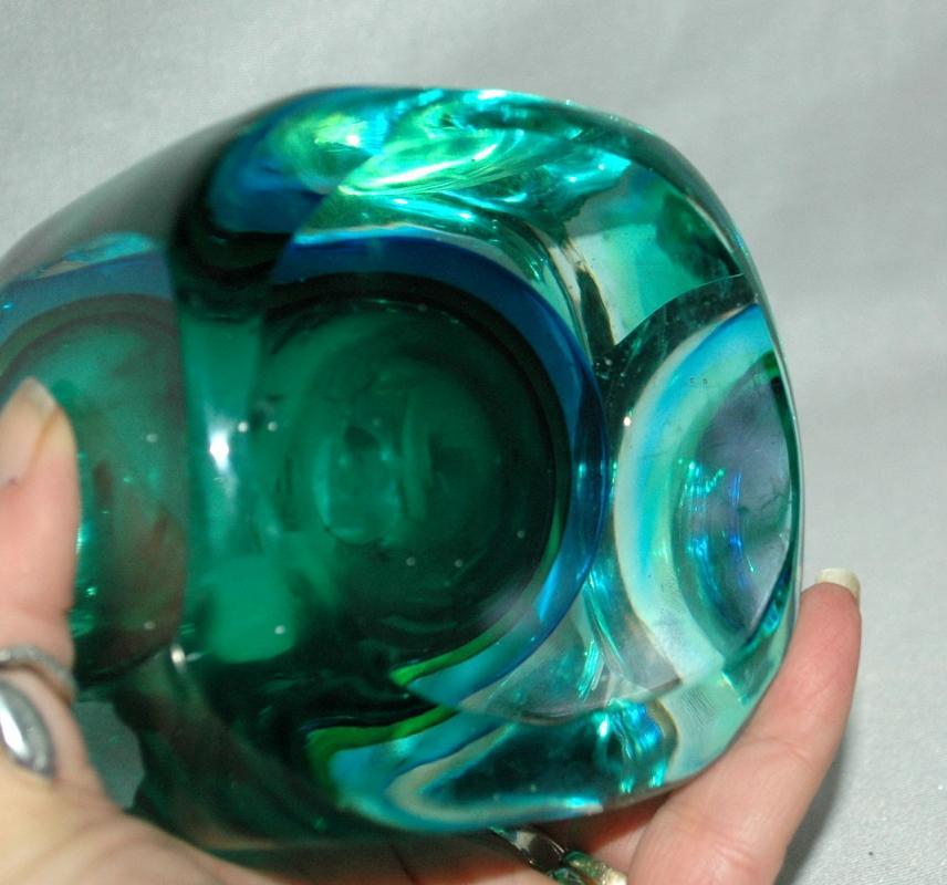 Vintage 1960s MURANO Art Glass Sommerso Seguso Poli Blue Green, candle or lighter holder.