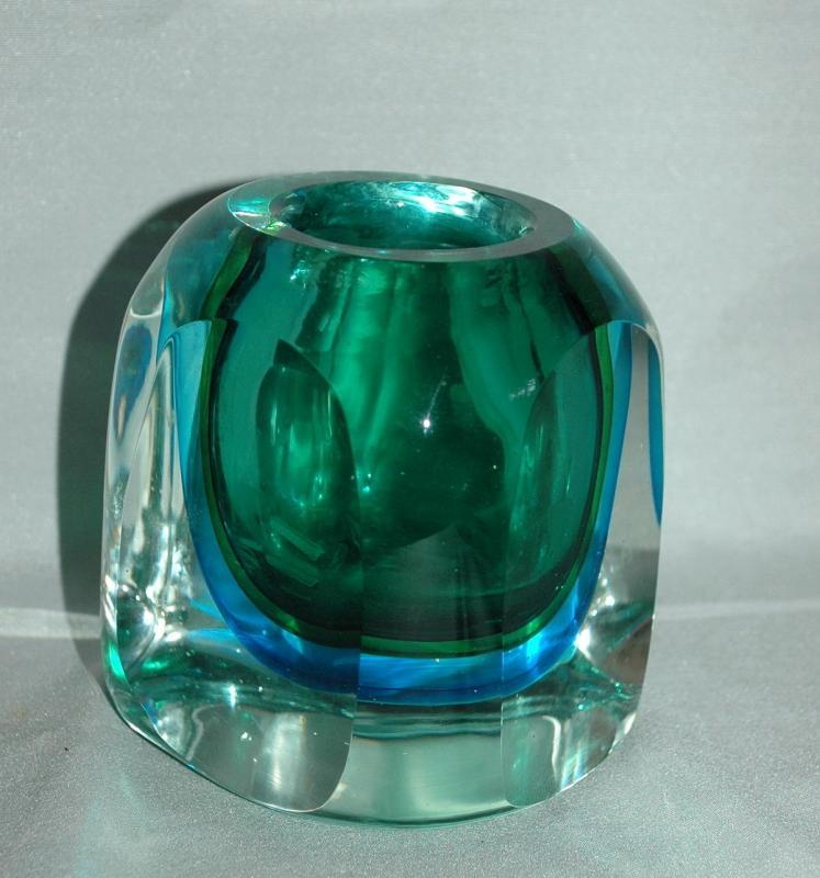 Vintage 1960s MURANO Art Glass Sommerso Seguso Poli Blue Green, candle or lighter holder.