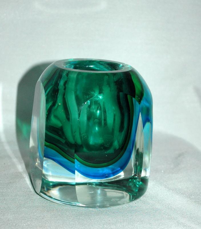 Vintage 1960s MURANO Art Glass Sommerso Seguso Poli Blue Green, candle or lighter holder.