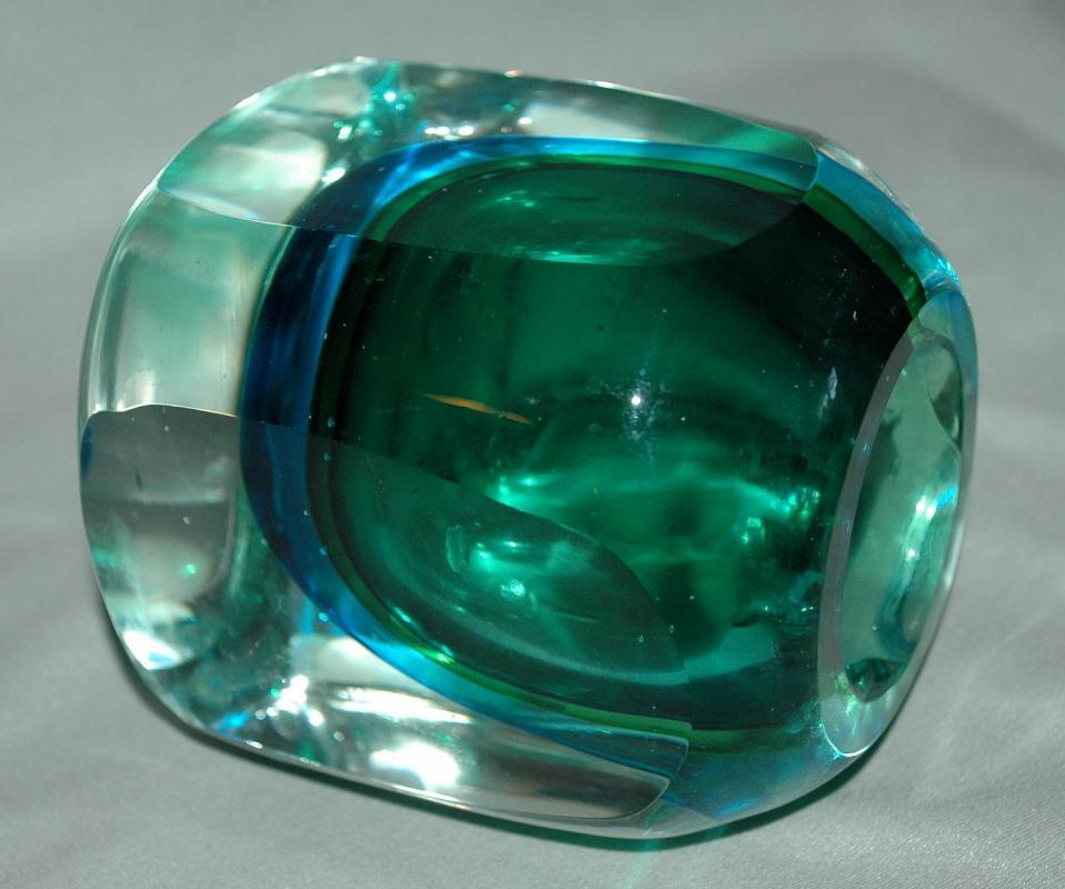 Vintage 1960s MURANO Art Glass Sommerso Seguso Poli Blue Green, candle or lighter holder.