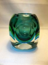 Vintage 1960s MURANO Art Glass Sommerso Seguso Poli Blue Green, candle or lighter holder.