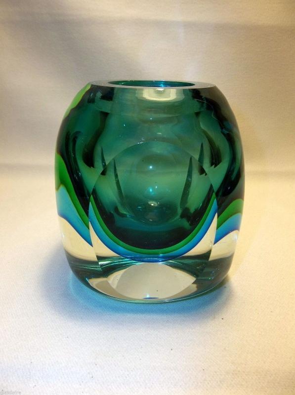 Vintage 1960s MURANO Art Glass Sommerso Seguso Poli Blue Green, candle or lighter holder.