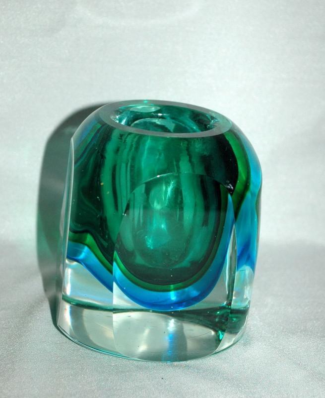 Vintage 1960s MURANO Art Glass Sommerso Seguso Poli Blue Green, candle or lighter holder.