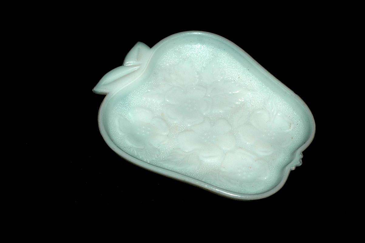 Apple Shape Milk Glass Dish /Tray with Blossoms